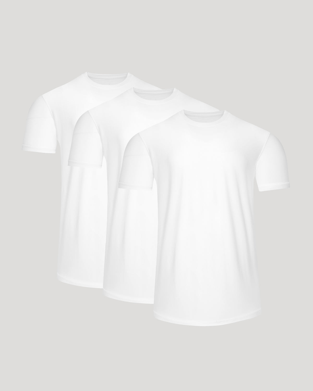 Three plain white men's basic crew neck t-shirts with a curved hem, designed for moisture wicking and performance, labeled as Active Curved Hem Crew Tee - Men's Moisture Wicking Performance T-Shirt.