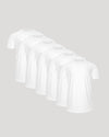 Six white Active Curved Hem Crew Tee - Men's Moisture Wicking Performance T-Shirts displayed in a staggered arrangement, highlighting their soft moisture-wicking fabric and classic fit.