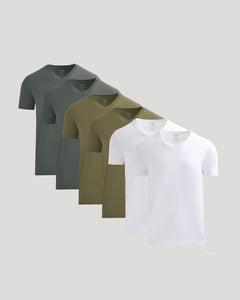 True ClassicClassic V-Neck 6-Pack: staggered display of fitted short-sleeve tees.