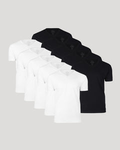 True ClassicBlack & White V-Neck 10-Pack with five black and five white short sleeve V-neck shirts, offering versatile men's basics for everyday wear