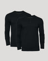Two black long-sleeve henley shirts on a light gray background