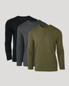 Three long-sleeve henley shirts in black, gray, and green on a light gray background