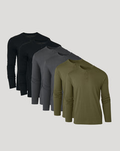 True ClassicSet of four long-sleeve shirts in black, gray, and green on a light gray background