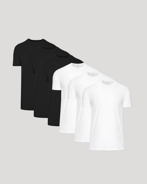 Five short-sleeve crew-neck t-shirts arranged in a fan shape on a light gray background, with three black shirts behind and two white shirts in front.