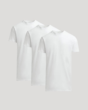 Two white t-shirts stacked on a light gray background