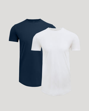 Tall Pima Cotton Blend Curved Hem Crew 2-Pack featuring one navy and one white short-sleeve men's basic crew neck t-shirt with a curved hem design.