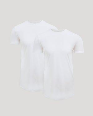 Two white crew neck t-shirts with a curved hem in a soft blend fabric, presented as the Tall Pima Cotton Blend Curved Hem Crew 2-Pack, ideal for men's basics.