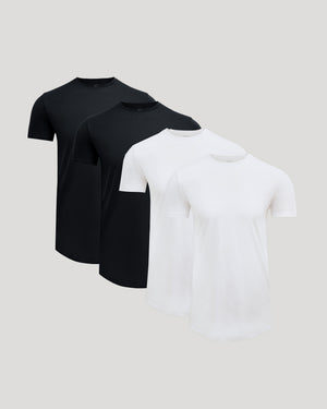 Four men's basic crew neck t-shirts with a curved hem in black and white colors, shown together as the Tall Pima Cotton Blend Curved Hem Crew 4-Pack.