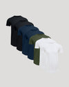 Tall Pima Cotton Blend Curved Hem Crew 7-Pack featuring men's basic crew neck t-shirts in black, navy, olive green, and white with a curved hem design.