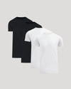 Four basic crew neck t-shirts in black and white arranged side by side, showcasing the Tall Pima Cotton Blend Crew 4-Pack men's basics by True Classic.