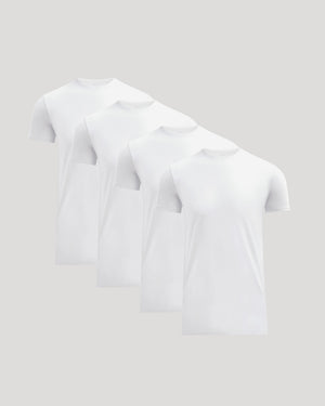 Four plain white crew neck t-shirts neatly arranged, showcasing the Tall Pima Cotton Blend Crew 4-Pack as essential men's basics.