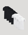 Seven men's basic crew neck t-shirts in black and white, arranged in a staggered row showcasing the Tall Pima Cotton Blend Crew 7-Pack.