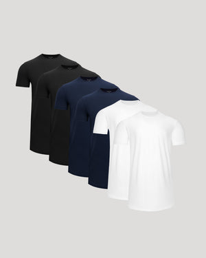 Four t-shirts in black, navy, and white on a light gray background