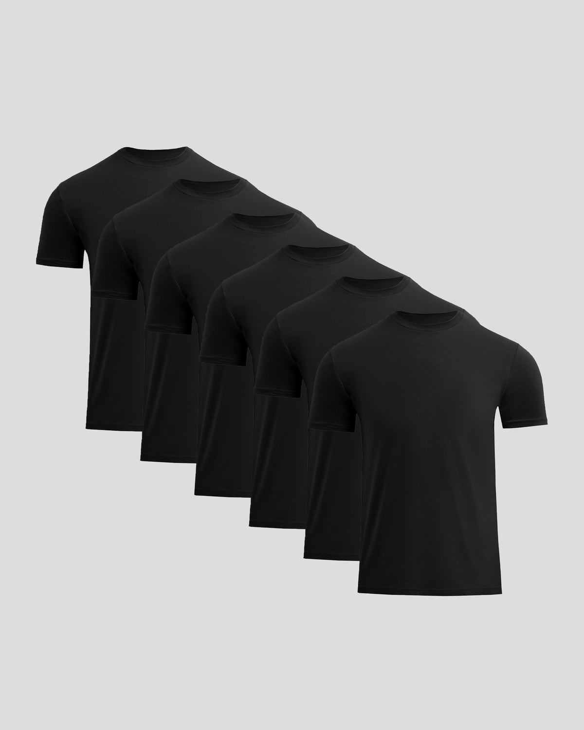 Six black Short Classic Crew Neck Tee - Men's Premium Cotton Blend T-Shirt - Athletic Fit displayed in a row, showing a clean, simple design ideal for men's basics.