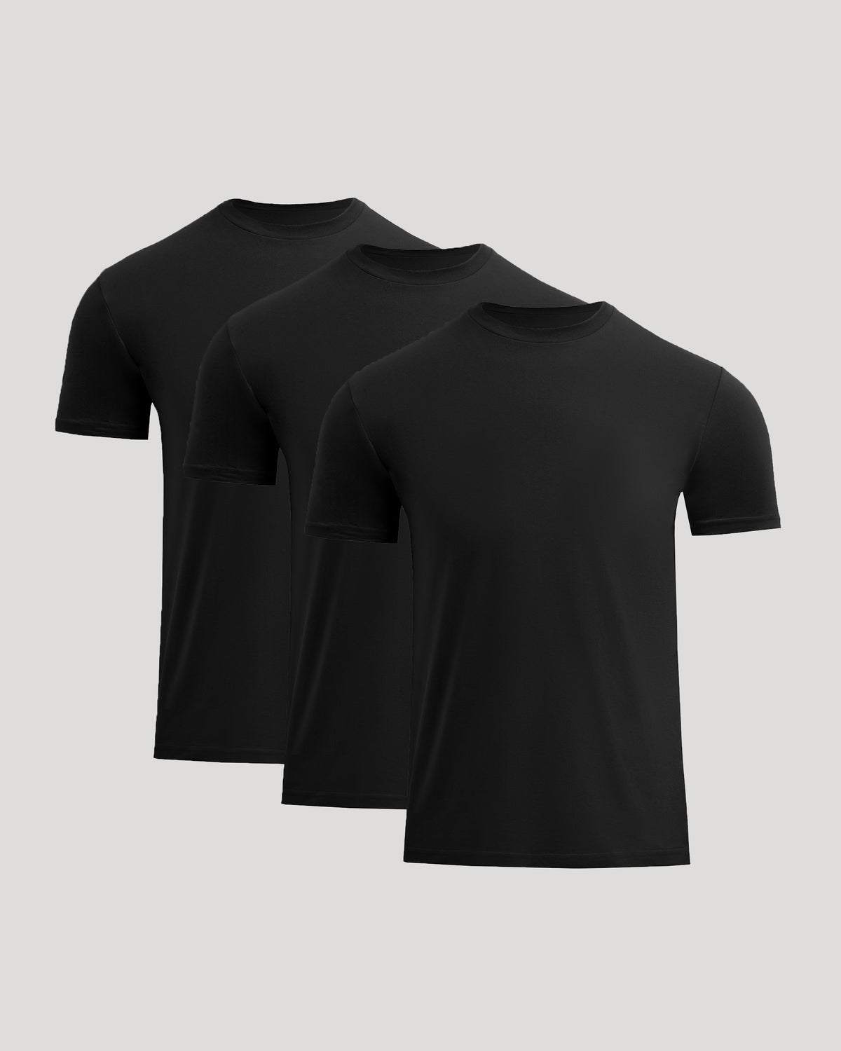 Three black Short Classic Crew Neck Tee - Men's Premium Cotton Blend T-Shirt - Athletic Fit displayed on a neutral background, showcasing a men's basics wardrobe essential.