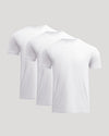Three white short sleeve men's basic t-shirts displayed in a row, showcasing the Short Classic Crew Neck Tee - Men's Premium Cotton Blend T-Shirt - Athletic Fit style.