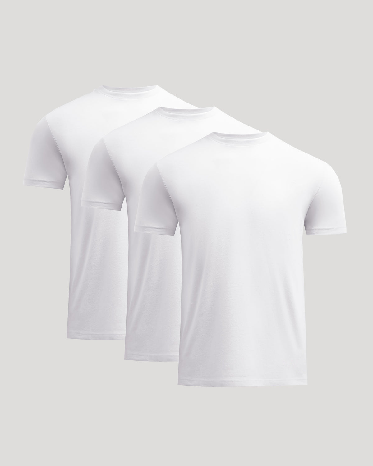 Three white short sleeve men's basic t-shirts displayed in a row, showcasing the Short Classic Crew Neck Tee - Men's Premium Cotton Blend T-Shirt - Athletic Fit style.