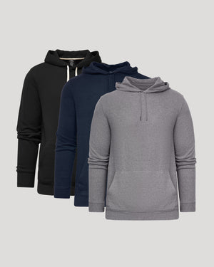 Variety Hoodies 3-Pack: light gray, navy, black pullover hoodies.