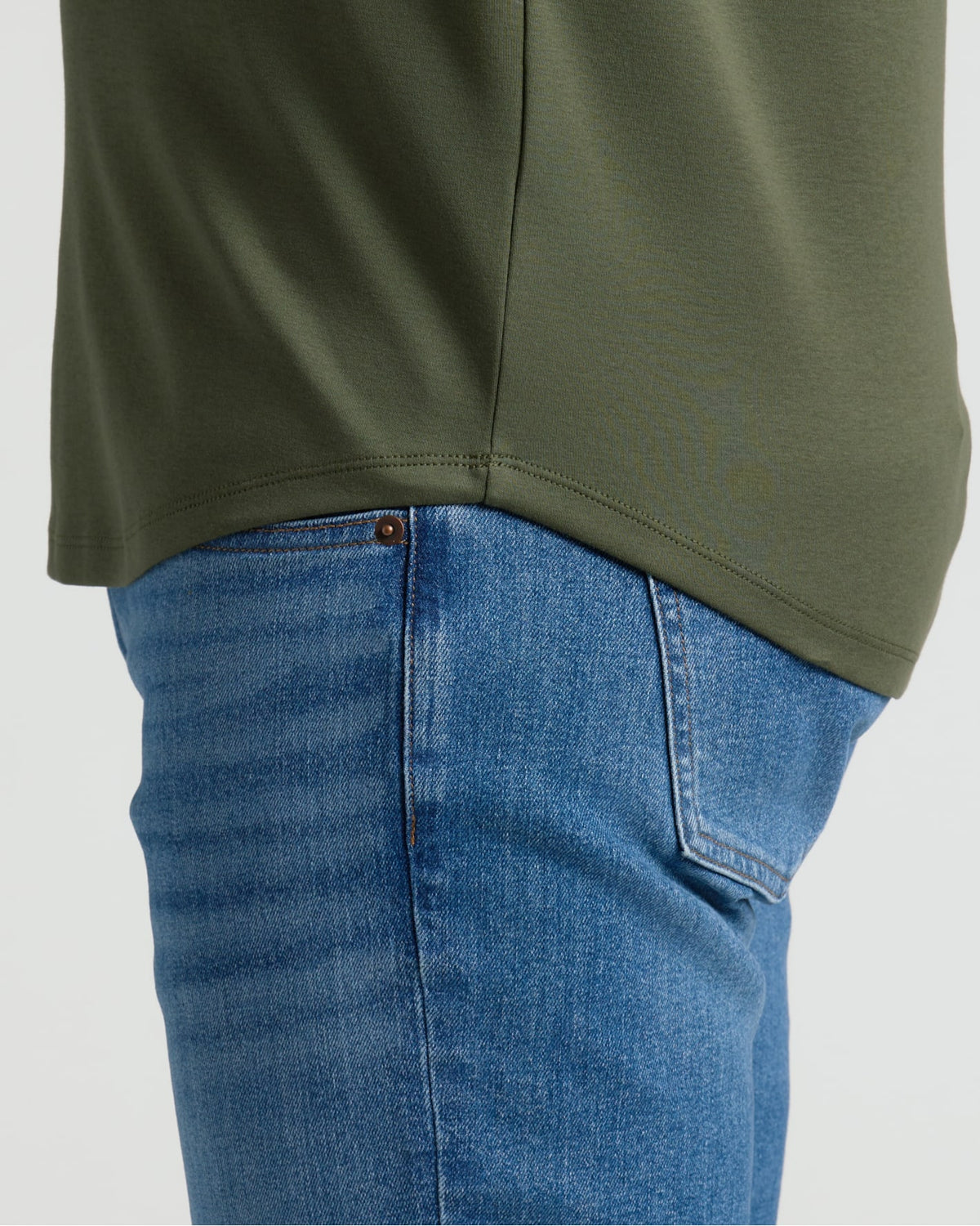 Wearing All Grove Pima Cotton Blend Curved Hem Crew over jeans.