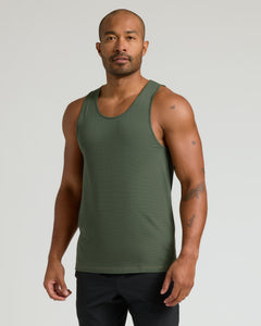 True ClassicModel wearing Sleeveless Active Mesh Tank, olive-green, showcasing athletic fit and texture.