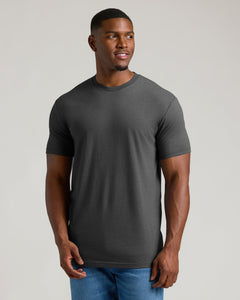True ClassicMan in Charcoal Heather Gray Tall Crew Neck T-Shirt and blue jeans.