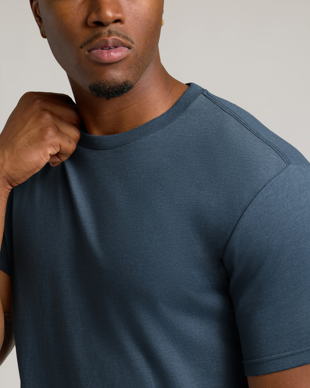 Heather Navy Tall Straight Hem Crew Neck T-Shirt close-up, showcasing fit and fabric.