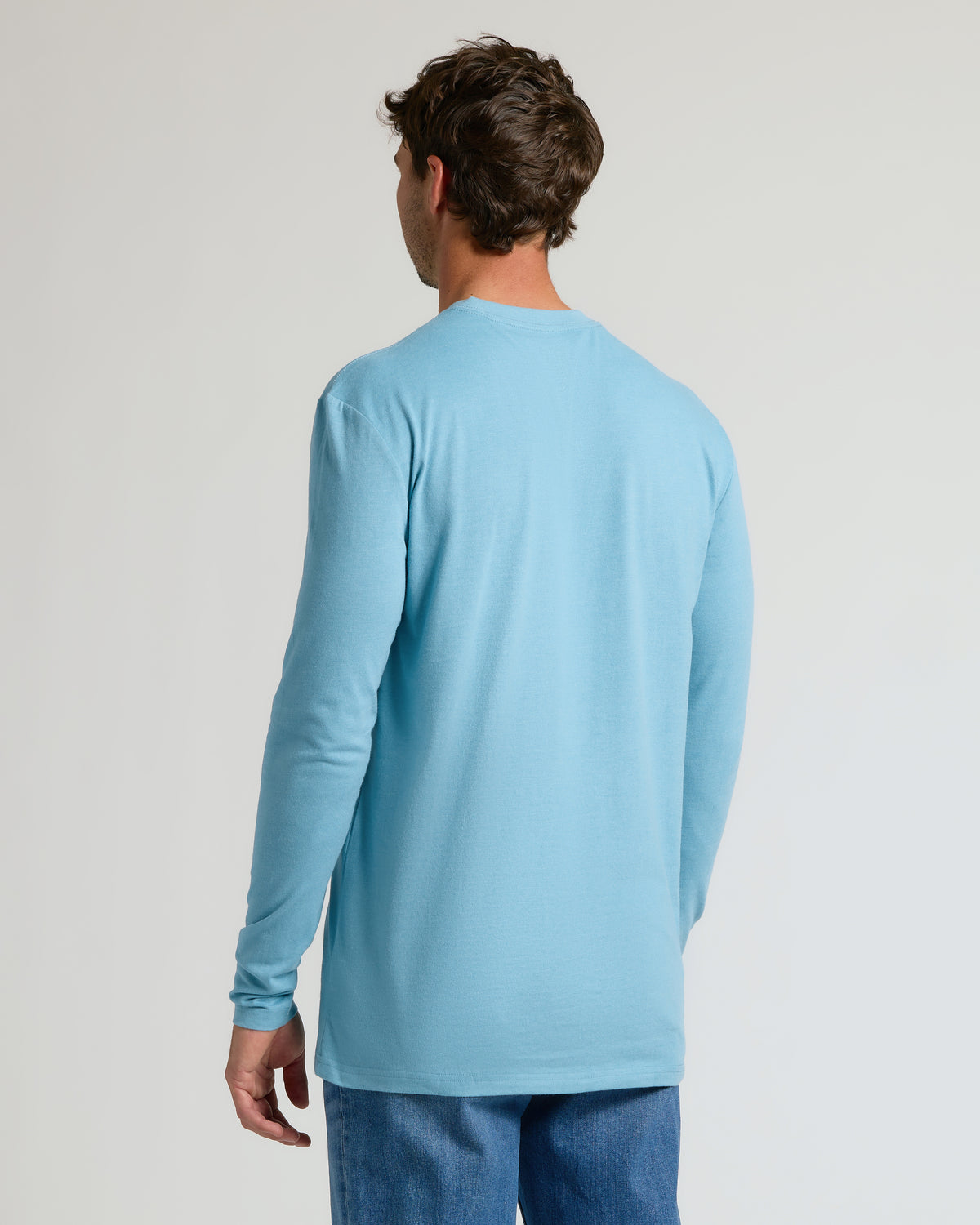 Heather Voyager Tall Long Sleeve T-Shirt worn from back view.