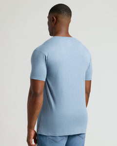 True ClassicHeather Indigo Tall Short Sleeve Classic V-Neck, back view, on man.