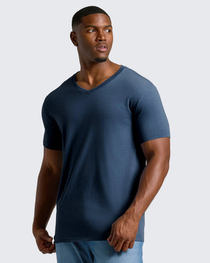 Heather Navy Tall Short Sleeve Classic V-Neck worn by a fit man.