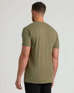 True ClassicBack view of man in Military Green Tall Short Sleeve Classic V-Neck.