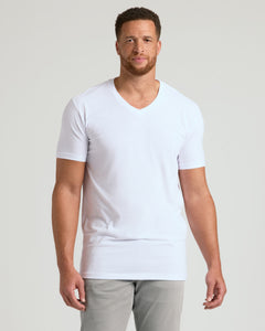 True ClassicMan in Black & White Short Sleeve Tall Classic V-Neck, relaxed stance.