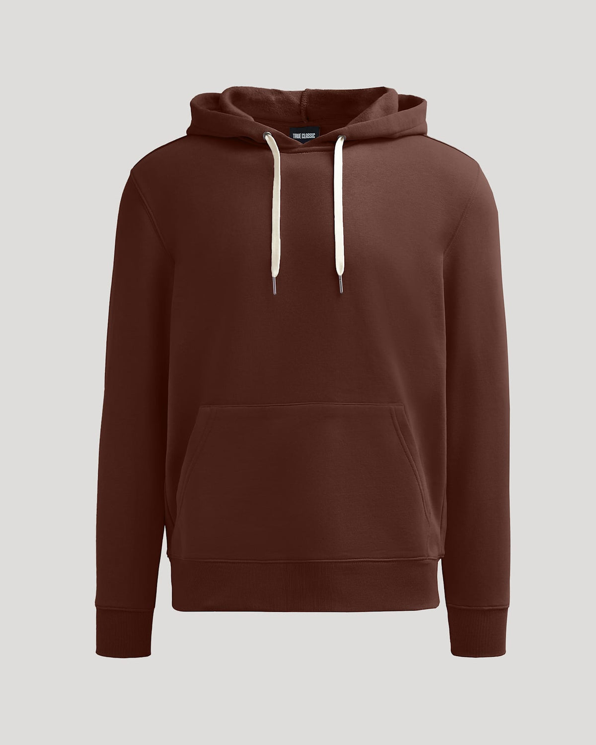 Carob Fleece French Terry Pullover Hoodie with pouch pocket and drawstring hood.