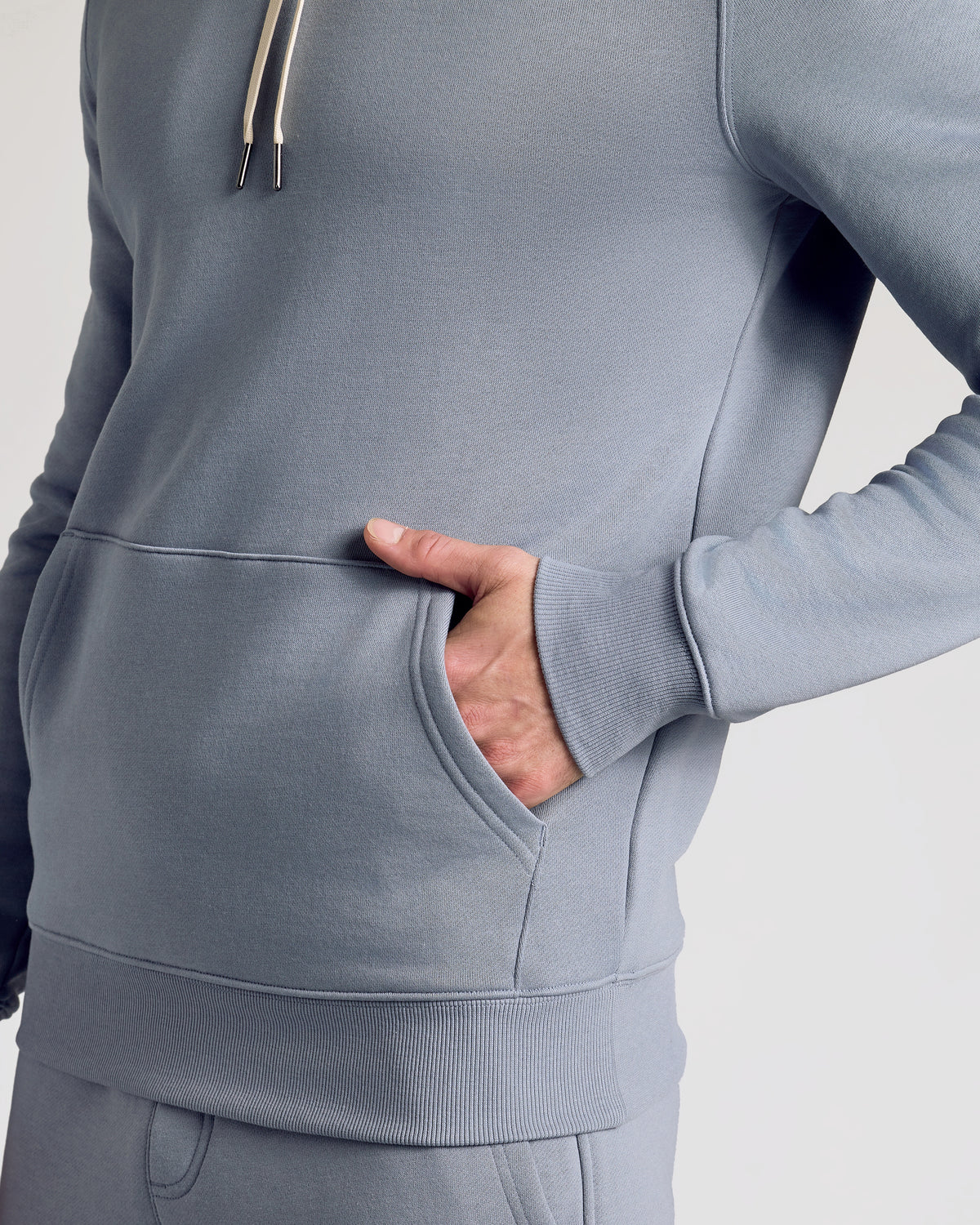 Dusty Blue Fleece French Terry Pullover Hoodie with front pocket and drawstrings.