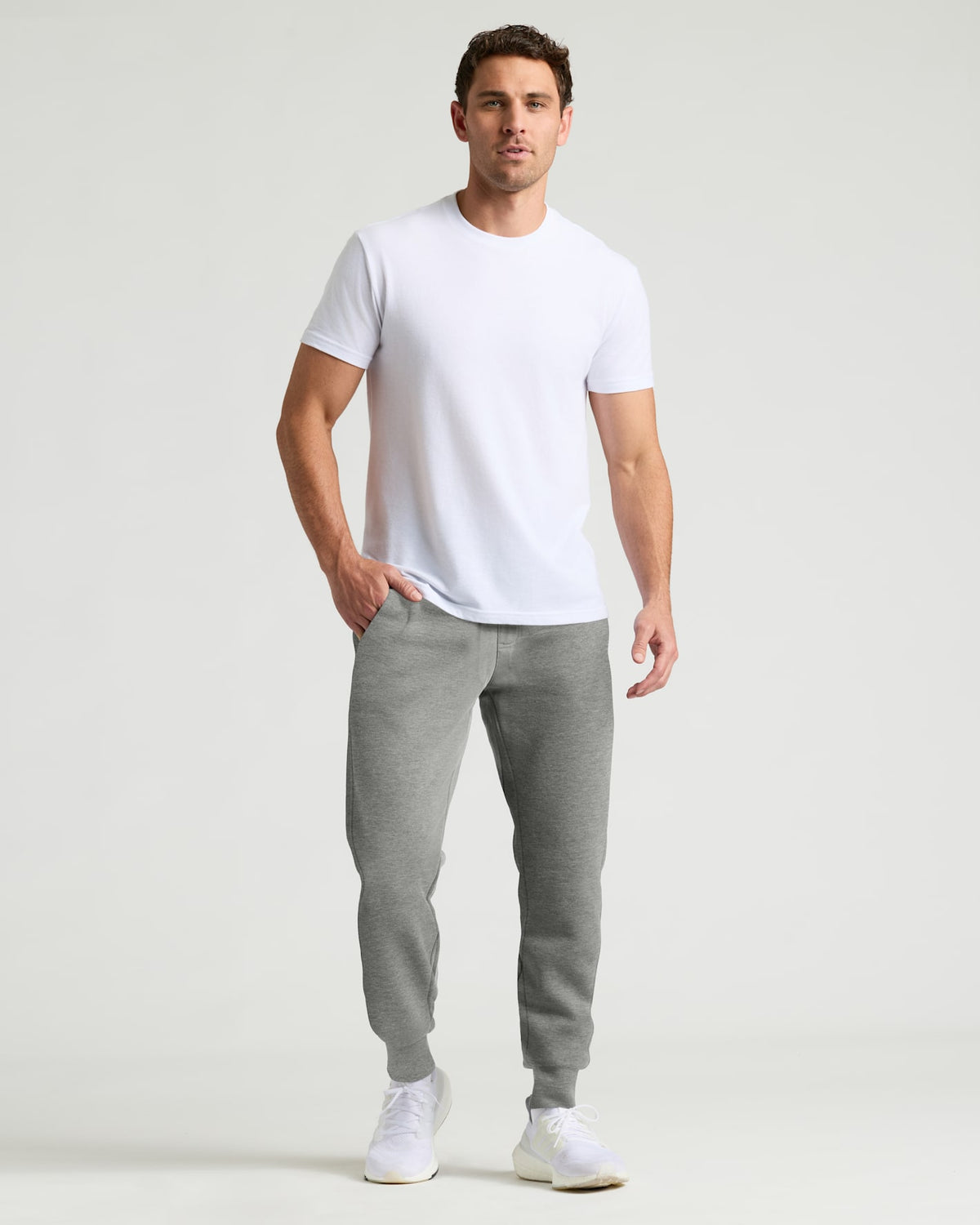 Medium Heather Gray Pullover Fleece Crew & Jogger 2-Pack worn by man.