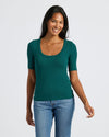 Woman in fitted Womens Ribbed 3/4 Sleeve Scoop Neck Tee, teal. MODEL_INFO: Candy is 5'9", wearing a size S