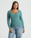 Person wearing Womens Stormcloud Ribbed Long Sleeve Scoop Neck Tee. MODEL_INFO: Jade is 5'9", wearing a size L