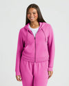 Wearing Womens Electric Fuchsia Crop Zip Hoodie & Relaxed Jogger 2-Pack. MODEL_INFO: Jade is 5'9", wearing a size L
