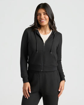 Woman in Womens Black Crop Zip Hoodie & Relaxed Jogger 2-Pack.