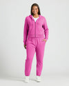 Womens Electric Fuchsia Slouch Pullover Crew & Relaxed Jogger modeled. MODEL_INFO: Jade is 5'9", wearing a size L