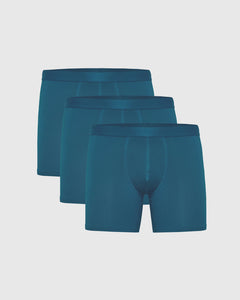 True ClassicTeal Boxer Briefs 3-Pack, staggered display, showcasing soft, supportive design.