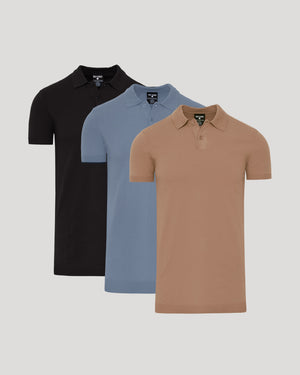 Three polo shirts in black, blue, and brown on a light gray background