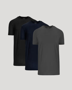 True ClassicTimeless Tall Active Crew 3-Pack: black, navy, charcoal T-shirts displayed.