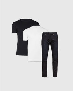 True ClassicTrial Crew & Indigo Wash Straight Comfort Stretch Jeans bundle: black and white T-shirts, dark-wash jeans.