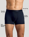Black Boxer Trunks 12-Pack showcasing flyless 3D pouch and no-itch tag.