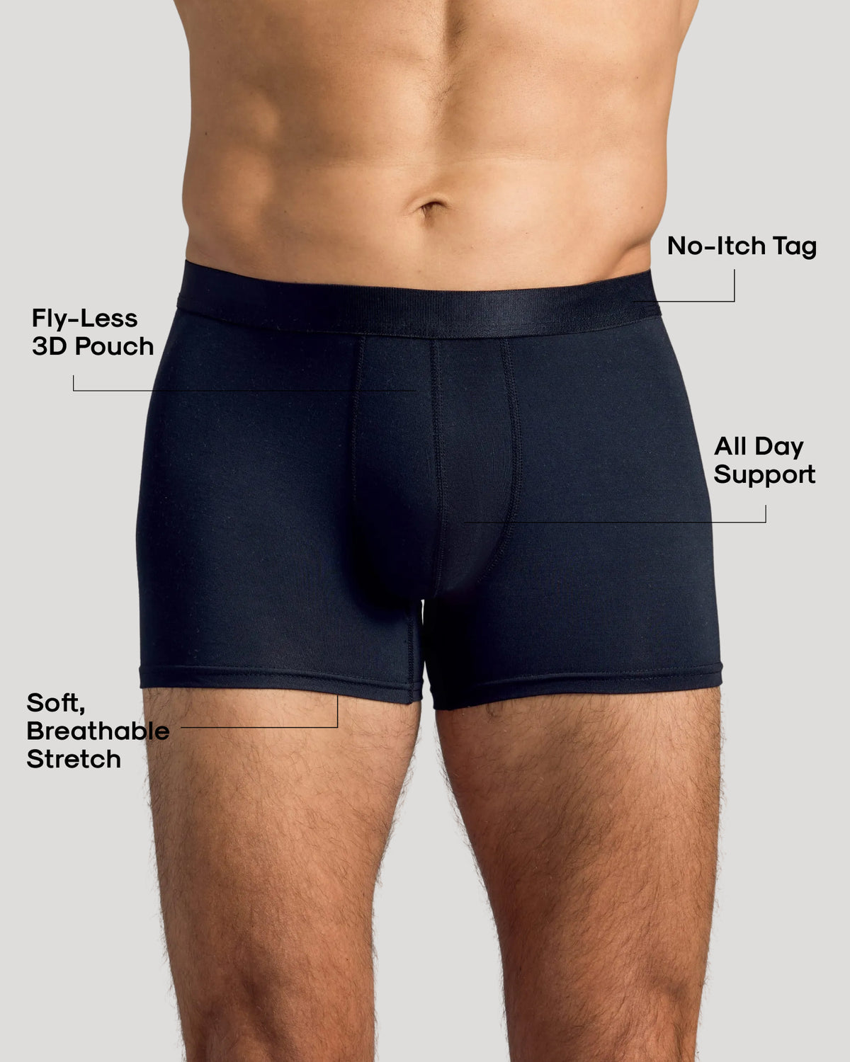 Black Boxer Trunks 12-Pack showcasing flyless 3D pouch and no-itch tag.