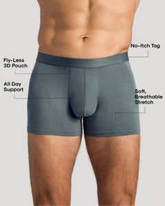 True ClassicMan wearing Carbon Boxer Trunks 12-Pack with fly-less 3D pouch.