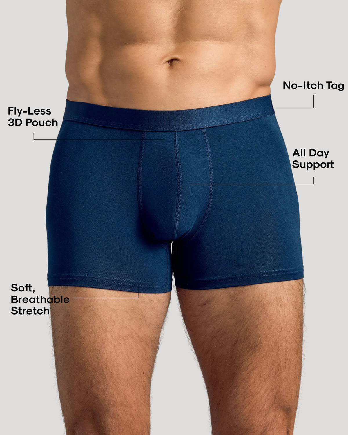 Navy Boxer Trunk with flyless 3D pouch and tagless waistband.