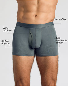 True ClassicCarbon Boxer Trunks W/ Fly 12-Pack showcasing key comfort features.