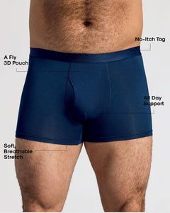 True ClassicNavy Boxer Trunks W/ Fly 6-Pack highlighting comfort and support features.