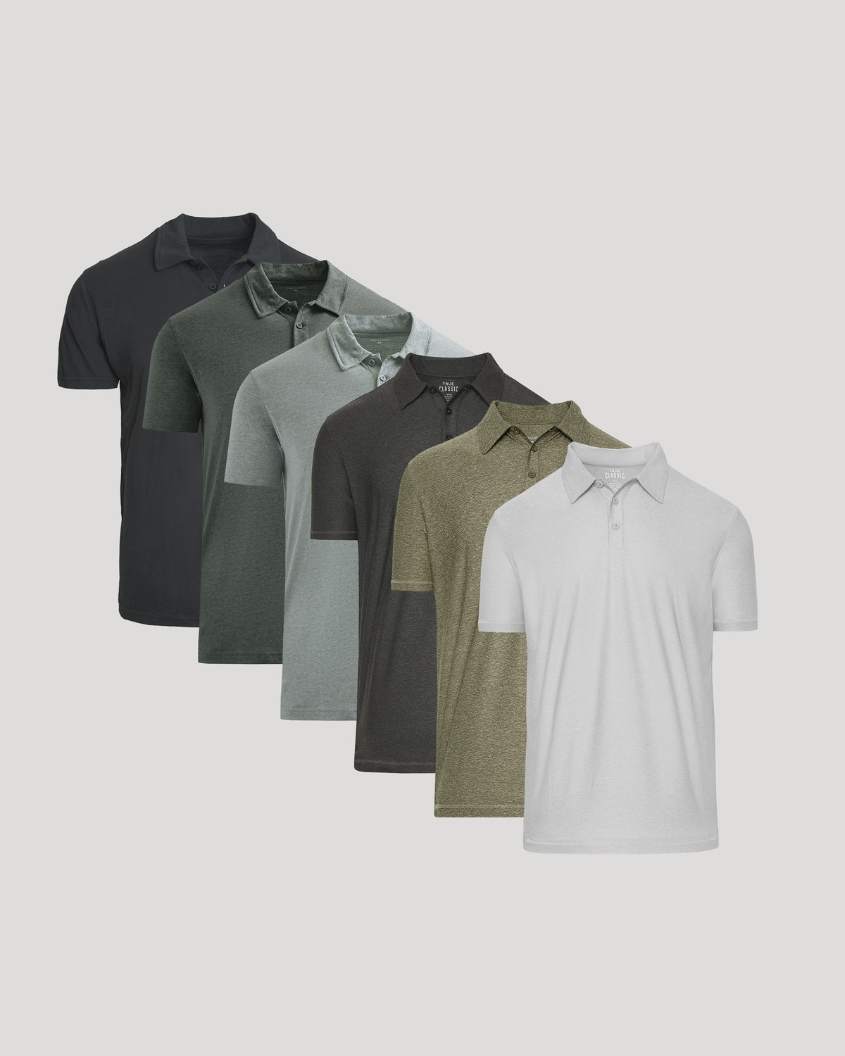 Variety Polos 6-Pack featuring six men's basics in muted green, gray, black, olive, and white colors, perfect for casual and business casual wear.